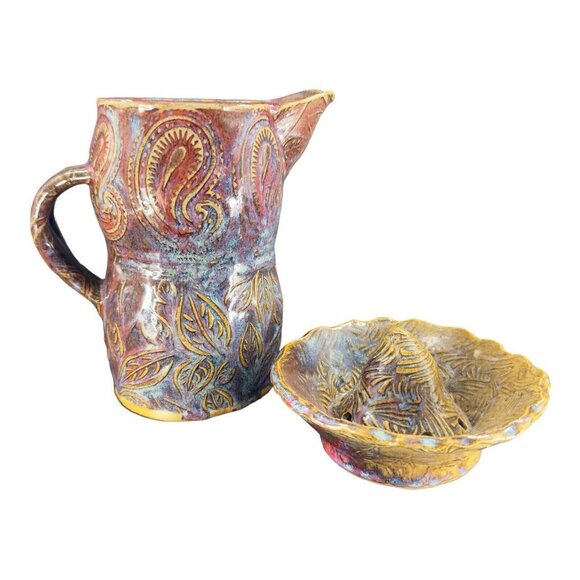 Hand Made Primitive Studio Art Pottery Pitcher With Juice Rimmer Stackable VTG - Picture 15 of 16